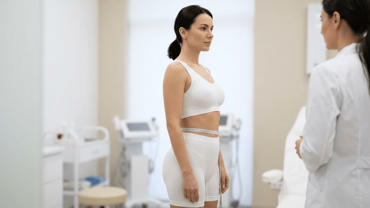 A female patient with a slim physique stands in profile during a medical consultation at a clinical setting. She wears a white sports bra and matching high-waisted shorts, with a measuring tape around her waist. A female practitioner, seen from behind in a white lab coat, conducts the assessment. The room is brightly lit with soft, clinical lighting, featuring medical equipment in the background. The patient has a natural appearance with minimal makeup and her hair tied back, while the camera captures the scene from a side angle, focusing on the consultation process.