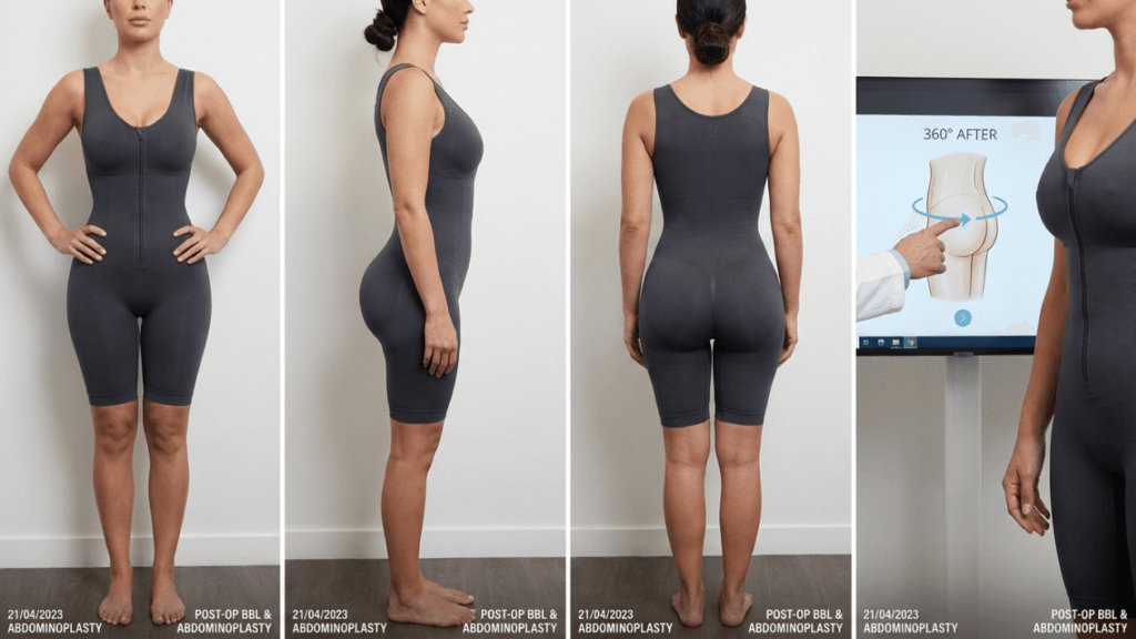 A four-panel clinical composite photograph showing a female patient's body progression after BBL (Brazilian Butt Lift) and abdominoplasty surgery. The subject, a woman with dark hair tied back, is shown in front, profile, and back views wearing a grey, sleeveless, compression bodysuit. The lighting is bright, even, clinical studio lighting, and the camera angle is at eye level, capturing the full body against a plain, off-white background with a dark wooden floor. In the final panel, a doctor's hand in a white coat sleeve points to a monitor displaying a '360° AFTER' illustrative diagram of the procedure. The images feature natural-looking skin, minimal makeup, and a clear, focused anatomical perspective highlighting the post-operative body contouring results.