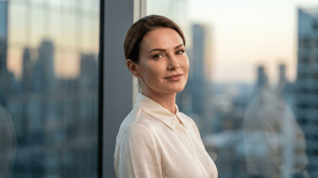 A medium close-up portrait of a professional woman with a feminine appearance, looking directly at the camera with a subtle, confident smile. She has neatly styled hair pulled back, natural and elegant makeup, and clear, youthful skin. She is wearing a high-quality cream-colored silk or satin button-down shirt. The lighting is soft and flattering, typical of natural golden hour indoor lighting, creating a warm glow on her face. The camera angle is at eye level, capturing her from the chest up. The background is a blurred office window view of a city skyline at sunset, providing a clean, sophisticated, and professional atmosphere.