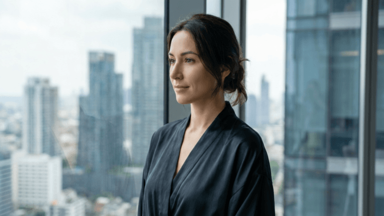 A middle-aged woman with dark hair tied back in a loose bun, wearing a black satin robe, stands by a large floor-to-ceiling office window. She is captured in a medium shot from a slightly high side angle, looking thoughtfully toward the cityscape outside. The natural, soft daylight illuminates her face, which has subtle, natural-looking makeup. The background shows a blurred urban skyline with tall modern skyscrapers, emphasizing a professional or sophisticated atmosphere.