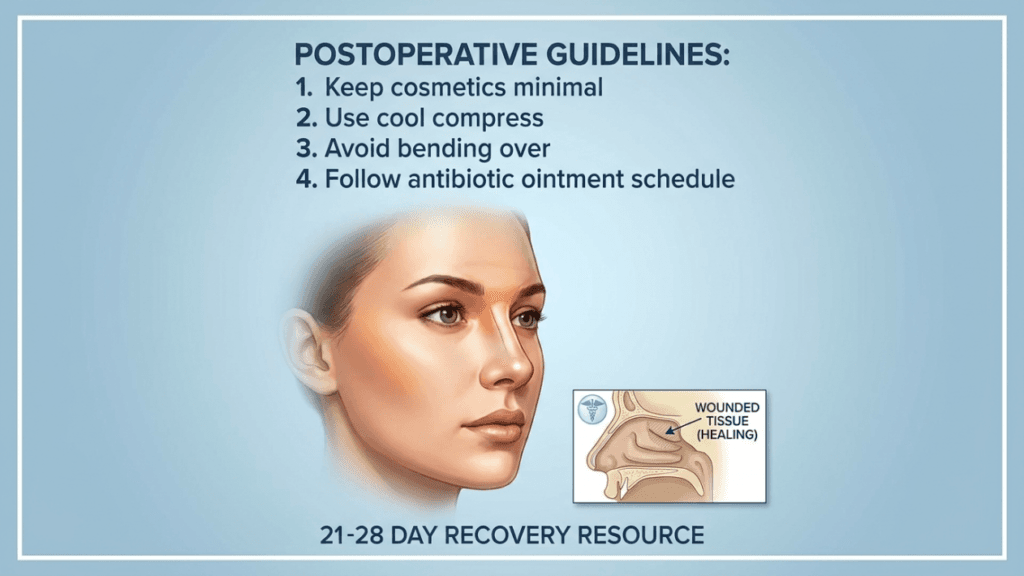 A medical infographic for postoperative care featuring a female face with a natural appearance, soft studio lighting, and a three-quarter angle. The image includes a diagram of the nasal anatomy highlighting healing wounded tissue and a list of instructions: Keep cosmetics minimal, Use cool compress, Avoid bending over, and Follow antibiotic ointment schedule, under the title 'POSTOPERATIVE GUIDELINES' against a professional blue gradient background.