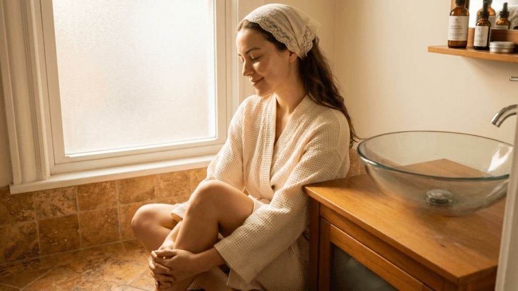 A young woman with a natural, radiant complexion and minimal makeup sits on a tiled bathroom floor next to a wooden vanity with a glass vessel sink. She is wearing a cream-colored waffle-knit bathrobe and a lace-trimmed headscarf, looking down with a gentle, serene smile. The scene is captured from a slightly elevated eye-level angle, bathed in soft, warm natural light streaming from a side window, creating a peaceful and intimate spa-like atmosphere. The background features light-toned bathroom decor with subtle skincare products on a shelf above.
