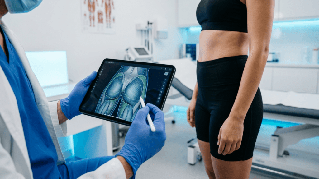 A professional consultation in a brightly lit, sterile medical clinic with cool-toned blue LED ambient lighting. A physician wearing a white lab coat, blue scrubs, and blue nitrile gloves holds a tablet showing a 3D anatomical model of the gluteal muscles. The physician uses a stylus to point at the digital display, explaining the procedure to a female patient who is standing upright, wearing a black sports bra and athletic shorts. The camera angle is at eye level, focusing on the interaction between the physician's hands with the tablet and the patient's torso. The background features typical clinical equipment and an anatomical chart on the wall. The scene conveys a clean, modern, and clinical aesthetic with a professional atmosphere.