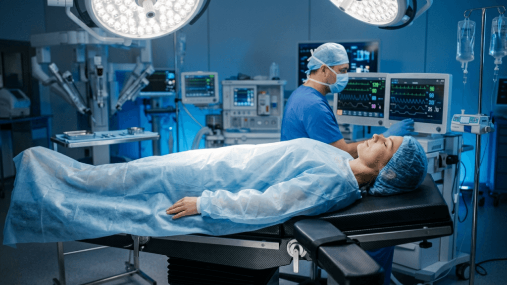 A female patient in a light blue hospital gown and surgical cap lies peacefully on an operating table in a high-tech, dimly lit surgical suite. Beside her, a male surgeon in blue scrubs, a surgical mask, and a hairnet carefully monitors her vital signs on a digital screen. The room is illuminated by bright overhead surgical lights and blue ambient lighting, showcasing advanced robotic surgical equipment in the background. The shot is captured from a side profile angle, emphasizing the quiet, focused atmosphere of the modern medical environment.