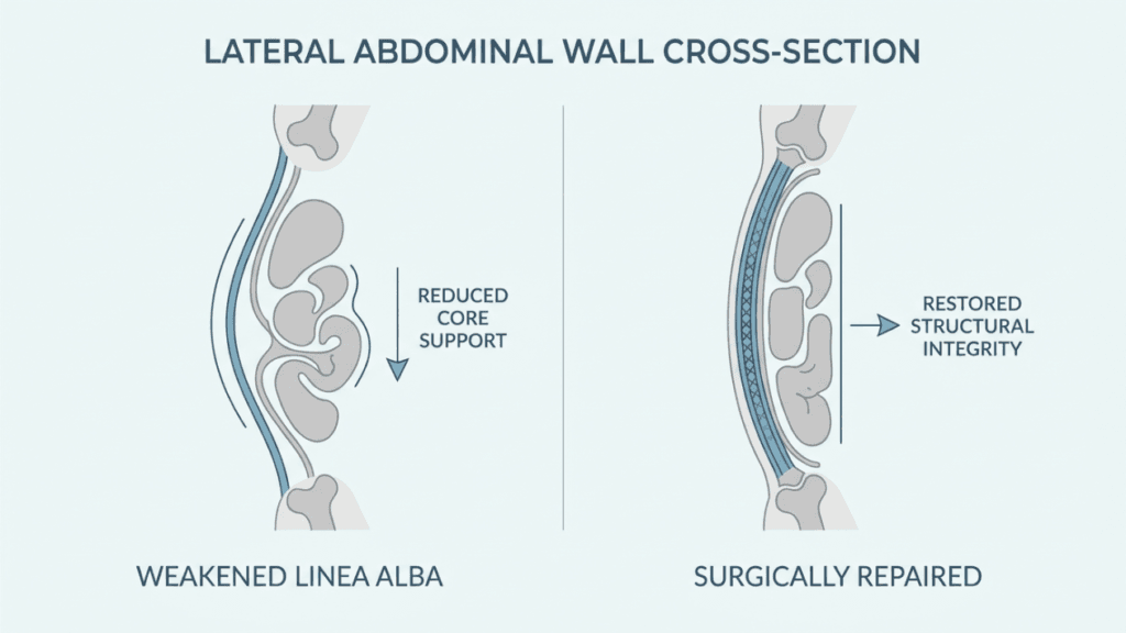 A medical diagram showing a lateral abdominal wall cross-section comparison. The left side depicts a 'Weakened Linea Alba' with reduced core support, showing a bulging abdominal structure. The right side illustrates 'Surgically Repaired' anatomy with restored structural integrity, featuring a reinforced mesh layer. The diagram uses a clean, flat, 2D vector style on a light blue background with clear labeling in English, focusing purely on anatomical representation without human figures, makeup, or clothing.
