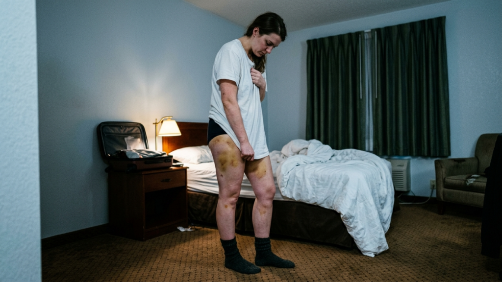 A distraught woman with visible, prominent bruising on both of her thighs stands in a dimly lit, somber hotel room. She is positioned at a side angle, looking down with a somber expression, wearing an oversized white t-shirt, dark underwear, and grey socks. The lighting is soft and moody, coming primarily from a bedside lamp, casting gentle shadows. The room features a messy bed with white sheets, a wooden nightstand with an open suitcase, and dark green curtains in the background. The camera angle is at eye level, capturing the vulnerable posture and physical distress of the woman in a candid, documentary-style shot.
