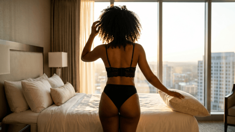 A woman with curly dark hair seen from behind, standing in a bedroom facing a large window during sunset. The natural warm lighting creates a silhouette effect. She is wearing black lace lingerie. The room features a neatly made bed with white pillows and a modern urban view visible through the floor-to-ceiling windows. The camera angle is at eye level, capturing the subject's anatomy and posture in a serene, relaxed setting.