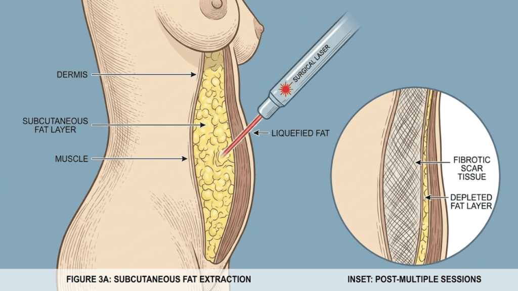 A medical anatomical illustration showing a side-profile view of a female torso undergoing a subcutaneous fat extraction procedure using a surgical laser. The image features a cross-sectional diagram showing layers of skin (dermis), subcutaneous fat, and muscle, with the laser liquefying fat cells. An inset circle highlights the resulting fibrotic scar tissue and depleted fat layer after multiple sessions. The illustration uses a flat, clinical style with neutral lighting, no makeup or clothing, against a solid light blue background.