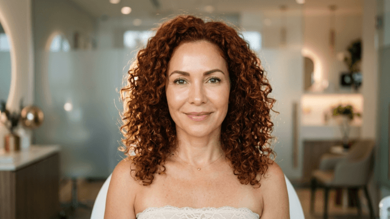 A portrait of a middle-aged woman with voluminous, shoulder-length curly auburn hair, centered in a professional, softly lit clinic or spa setting. Captured with a straight-on camera angle at eye level, the lighting is warm and diffused, creating a glowing rim light effect on her hair. The woman has a symmetrical facial structure with a gentle, confident smile, natural-looking minimal makeup, and clear, radiant skin. She is wearing a strapless, light-colored lace-textured garment and a delicate, minimalist gold necklace. The background is a blurred, modern, high-end medical or wellness interior with soft ambient light, out-of-focus medical furniture, and neutral tones.