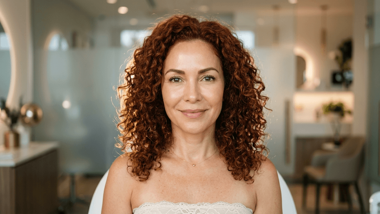 A portrait of a middle-aged woman with voluminous, shoulder-length curly auburn hair, centered in a professional, softly lit clinic or spa setting. Captured with a straight-on camera angle at eye level, the lighting is warm and diffused, creating a glowing rim light effect on her hair. The woman has a symmetrical facial structure with a gentle, confident smile, natural-looking minimal makeup, and clear, radiant skin. She is wearing a strapless, light-colored lace-textured garment and a delicate, minimalist gold necklace. The background is a blurred, modern, high-end medical or wellness interior with soft ambient light, out-of-focus medical furniture, and neutral tones.