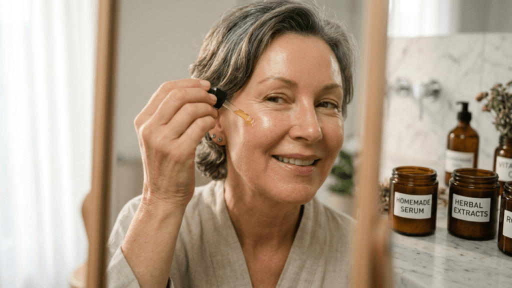 A middle-aged woman with natural grey hair and minimal makeup is looking into a mirror in a bathroom setting, smiling gently while applying a drop of golden facial serum from a glass dropper onto her cheek. The lighting is soft and natural, illuminating her skin with a healthy glow. The camera angle is at eye level, capturing a close-up, intimate portrait. In the background, out-of-focus amber glass bottles with labels like 'HOMEMADE SERUM' and 'HERBAL EXTRACTS' are arranged on a marble countertop, suggesting a natural skincare routine. She is wearing a simple, light-colored beige linen robe.