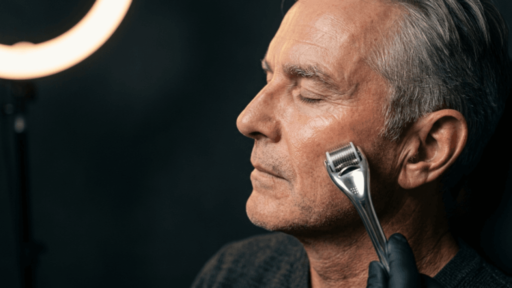 A side-profile shot of a middle-aged man with gray hair undergoing a microneedling treatment. The lighting is soft and focused, highlighted by a ring light bokeh in the background against a dark, minimalist setting. A professional hand wearing a black nitrile glove uses a silver dermaroller on the man's cheek. The man has a calm expression with eyes closed, revealing detailed skin texture, masculine facial anatomy, and a natural complexion with no makeup, wearing a dark textured sweater. The camera angle is at eye-level, capturing the precise clinical interaction.