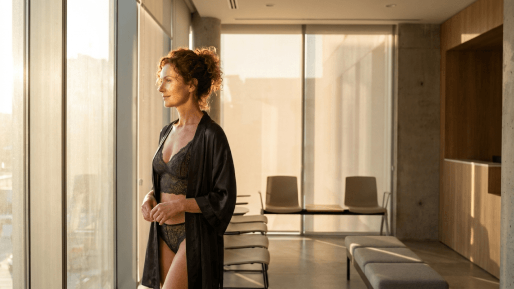 A mid-shot profile view of a mature woman with curly reddish-brown hair standing by a large, sunlit window. She has a feminine appearance and is wearing a dark, lace lingerie set paired with a matching satin robe. Her makeup is natural and subtle, highlighting a graceful facial expression. The scene is illuminated by warm, golden-hour natural light casting a soft glow, creating a serene and contemplative atmosphere. The background features a modern, minimalist room with beige chairs and a neutral-toned wooden wall, typical of a professional medical or clinic environment.