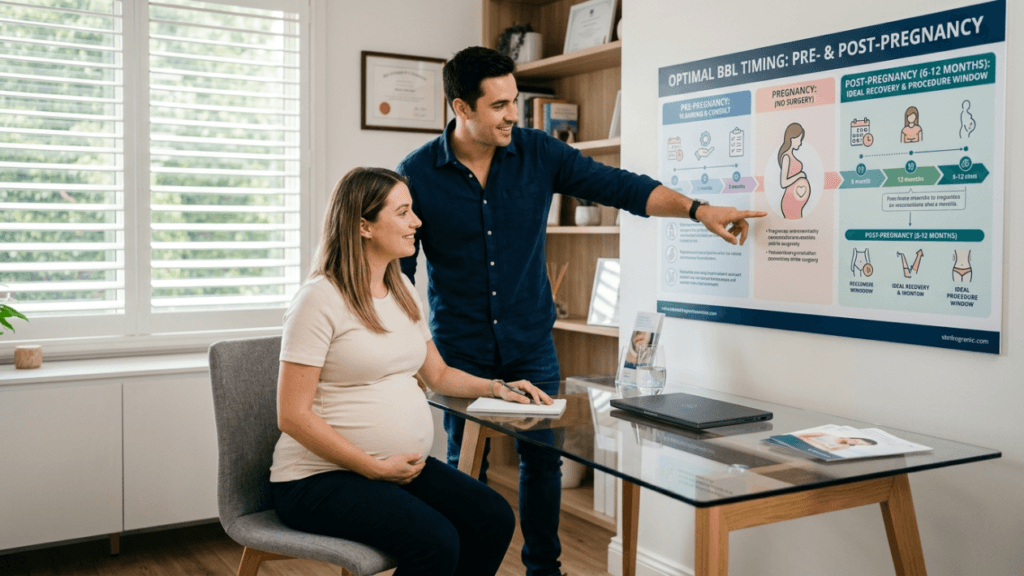 A pregnant woman with light brown hair sits at a glass desk in a bright, modern office, wearing a light-colored top and dark pants, with her hand resting on her belly. Standing next to her, a man with dark hair in a navy blue button-down shirt and jeans points to a large educational poster on the wall titled 'Optimal BBL Timing: Pre- & Post-Pregnancy.' The lighting is soft and natural, coming from plantation-shuttered windows. The scene is captured from a straight-on eye-level angle, showing a professional, informative consultation setting with office decor, including bookshelves and a laptop on the desk.