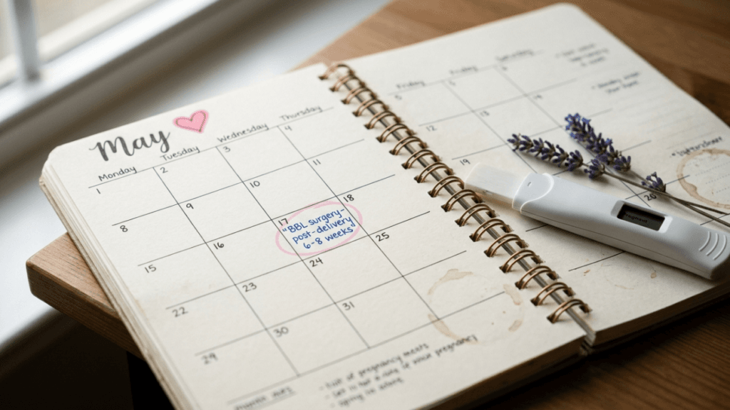 A high-angle, well-lit shot of an open spiral-bound planner laid on a wooden surface, showing the month of May. A circular note on the 17th reads 'BBL surgery-post-delivery 6-8 weeks'. Beside the note rests a white digital pregnancy test and a sprig of dried lavender. The background is softly blurred, emphasizing the clean, organized aesthetic of the planner. There are no human subjects, anatomy, clothing, or makeup depicted in this image.