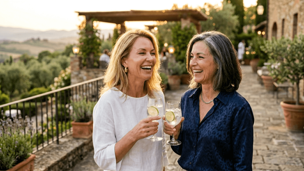 Two mature women, one blonde and one with grey hair, laughing and holding glasses of sparkling water with lime while standing on a stone terrace at sunset. The lighting is warm and golden, shot from eye-level. Both women are dressed elegantly in casual chic outfits—one in a white linen shirt and the other in a dark blue patterned blouse. The background features a blurred Tuscan landscape with olive trees and a rustic outdoor venue. They have natural, light makeup and are captured in a candid, joyful moment.