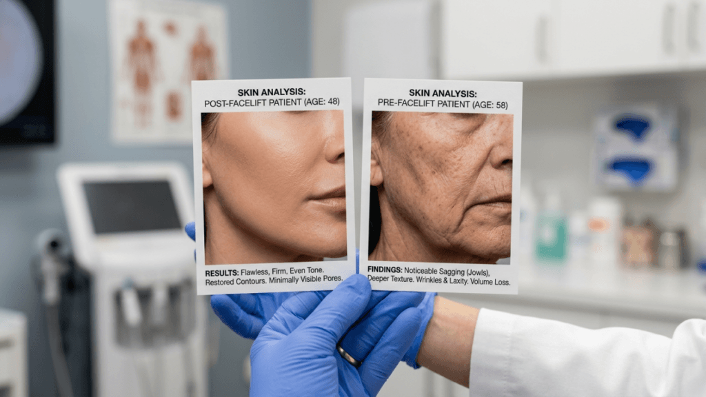 A close-up, eye-level shot in a medical clinic setting showing two hands wearing blue nitrile medical gloves holding a side-by-side skin analysis comparison card. The card features photos of two female patients: on the left, a 48-year-old post-facelift patient with smooth, firm, and radiant skin; on the right, a 58-year-old pre-facelift patient showing visible sagging jowls, deep wrinkles, texture, and volume loss. The practitioner is wearing a clean white medical coat. The background is a blurred clinical examination room with diagnostic equipment, medical cabinets, and anatomical charts, illuminated by bright, even clinical lighting that emphasizes the skin textures on the cards.