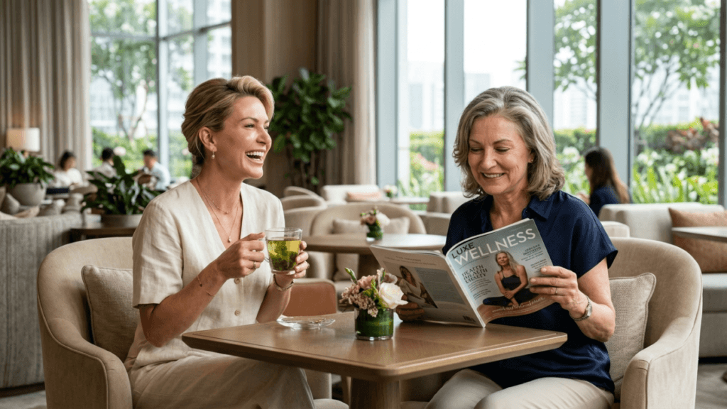 Two women, one younger with blonde hair and one older with grey hair, sitting at a table in a bright, modern lounge with floor-to-ceiling windows. The younger woman on the left wears a beige linen-style outfit, holding a glass of herbal tea and laughing. The older woman on the right wears a dark navy blouse and light trousers, smiling while looking at a 'Luxe Wellness' magazine. Both have natural, elegant makeup. The scene is captured at eye level with soft, natural daylight, featuring a blurred background of a comfortable seating area, green plants, and a hint of an outdoor cityscape.