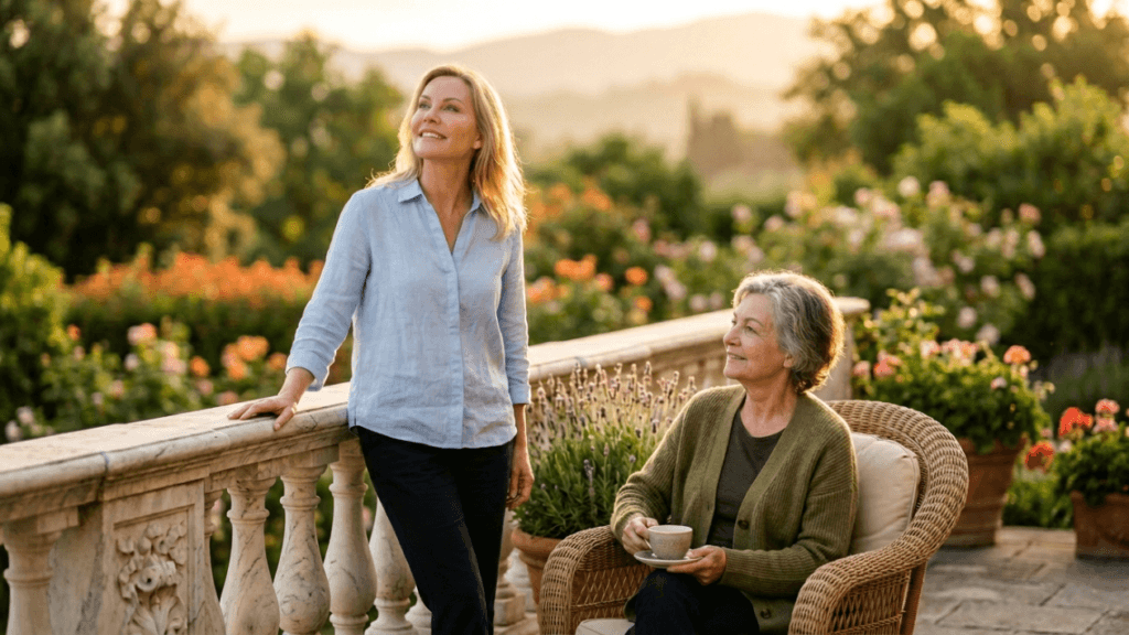 A bright, eye-level shot capturing a serene, sun-drenched moment on a stone terrace at sunset. A middle-aged woman with shoulder-length blonde hair, wearing a light blue linen shirt and dark trousers, stands by a marble balustrade, looking thoughtfully toward the light. Beside her, an elderly woman with silver-grey hair sits comfortably in a wicker armchair, holding a teacup, wearing a dark green cardigan and neutral top. Both women have natural, minimal makeup. The background is a lush, soft-focus garden filled with blooming roses, lavender, and greenery, bathed in the warm, golden glow of the setting sun, evoking a calm and elegant atmosphere.