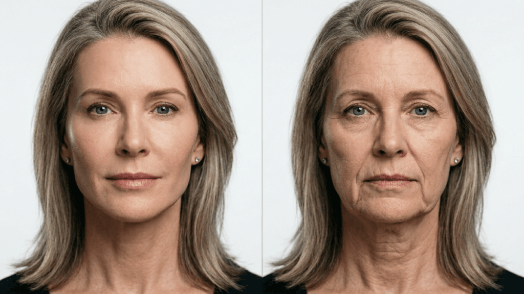 Before and after comparison of a middle-aged woman showing facial rejuvenation results. The subject is a female with shoulder-length, light brown and graying hair, captured in a straight-on, eye-level portrait against a clean, neutral white background. The lighting is soft, even, and professional studio lighting, highlighting skin texture and facial anatomy. She is wearing subtle, natural-looking makeup and small stud earrings, with a simple dark-colored garment. The left image shows a smoother, more youthful appearance, while the right image shows natural aging signs including fine lines, wrinkles, and skin laxity.