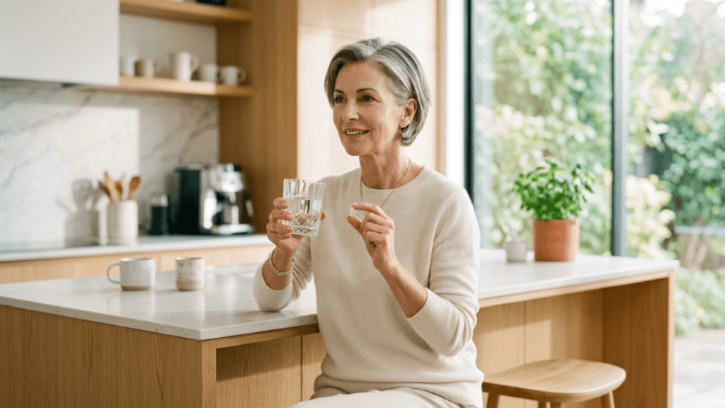 A middle-aged woman with elegant grey hair, wearing a beige long-sleeved top and a delicate necklace, sits in a brightly lit, modern kitchen. She is holding a glass of water in one hand and a single pill in the other, looking slightly to the side with a soft, natural expression. The lighting is bright and airy, coming from a large window to the right, highlighting her features. She has subtle, natural-looking makeup. The kitchen background is blurred, featuring light wooden cabinetry, a white countertop, kitchen utensils, and a small potted plant, creating a clean, serene environment. The photo is taken from a medium-distance, eye-level perspective.
