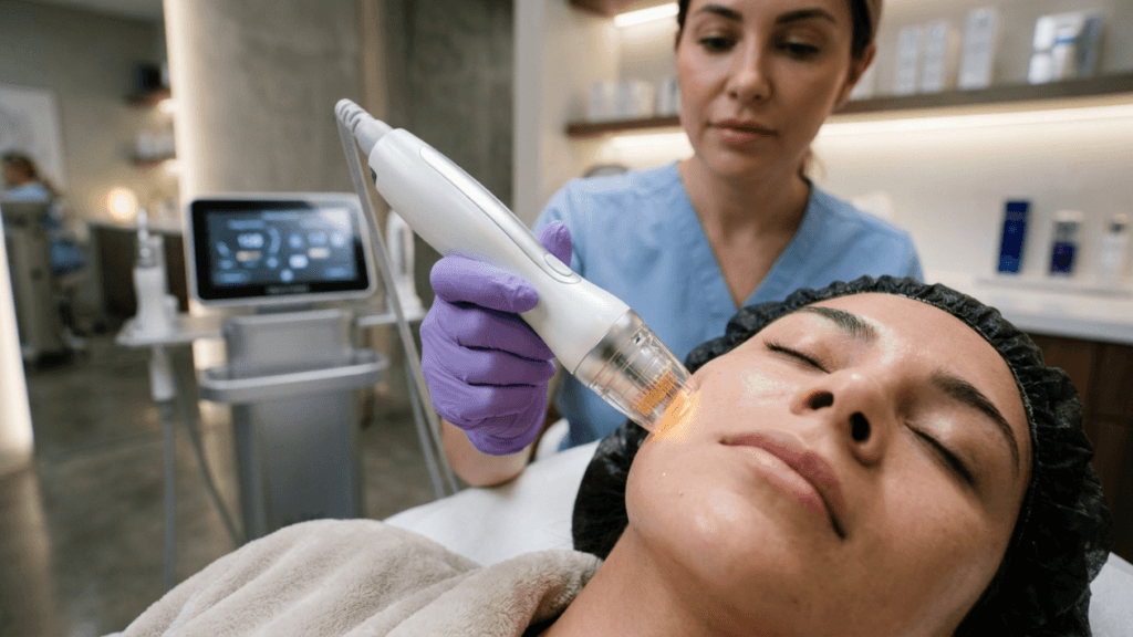 A female aesthetician in a light blue medical scrub top and purple gloves performs a microneedling skin treatment on a female patient lying on a treatment bed. The patient wears a black hair net, eyes closed, appearing relaxed. The aesthetician holds a professional handheld microneedling device against the patient's cheek, which emits a soft warm light from its tip. The scene is captured at eye level with soft, professional clinical lighting in a modern, well-lit medical spa or clinic, with a medical machine and shelves with skincare products visible in the blurred background. Both women have natural-looking skin with minimal visible makeup.