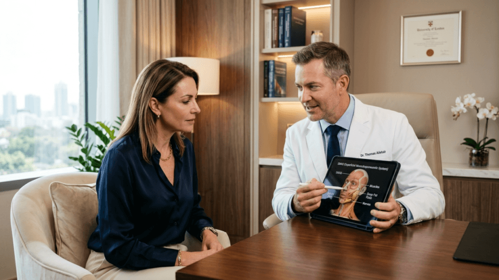 A professional medical consultation in a modern office with soft, natural daylight. A male doctor with short brown hair, wearing a white lab coat, blue dress shirt, and navy tie, holds a tablet showing a diagram of the facial SMAS anatomy. He is explaining it to a female patient who has shoulder-length brown hair, is wearing a dark blue silk blouse, and is listening intently. The background includes a wooden bookshelf, a university degree on the wall, a window with a city view, and a potted orchid. The shot is a medium-angle side view focusing on their interaction.
