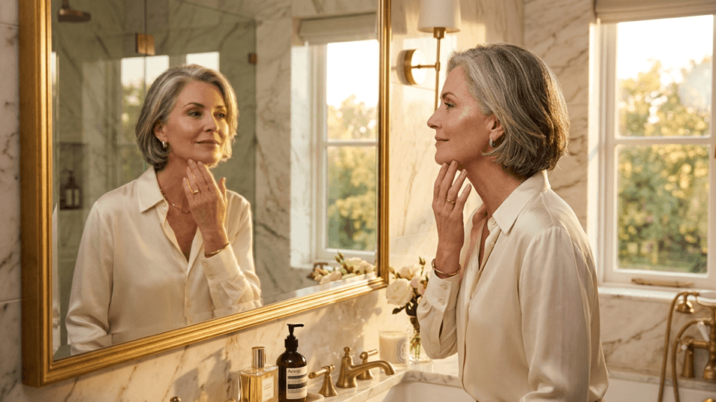 A sophisticated, middle-aged woman with silver-gray bobbed hair gazes at her reflection in a gold-framed bathroom mirror. She has a natural, elegant makeup look, glowing skin, and is wearing a cream-colored silk button-down blouse with delicate gold jewelry. The shot is captured at a medium angle in warm, golden hour sunlight streaming from a side window, highlighting her facial features and smooth skin texture. The background is a luxurious, marble-tiled bathroom with a brass faucet, Aesop soap, and fresh white flowers.