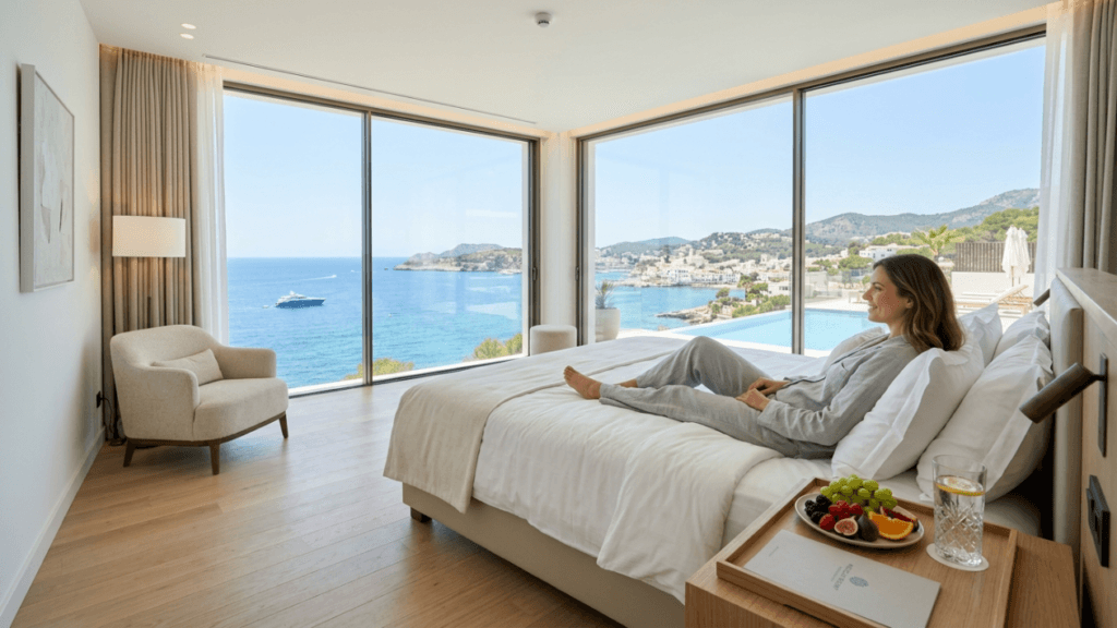A relaxed, fair-skinned woman with shoulder-length brown hair and light natural makeup, dressed in casual light-colored loungewear, lies comfortably on a plush bed in a modern, luxury bedroom. The camera angle is at eye-level, capturing the scene in soft, bright natural daylight. The room features minimalist decor with light wood flooring, a comfortable armchair, and a bedside tray with fresh fruit and a glass of water. A floor-to-ceiling glass wall offers a breathtaking, panoramic view of a calm turquoise Mediterranean bay, a coastal town, hills, and a small yacht on the water, creating a tranquil and serene atmosphere.