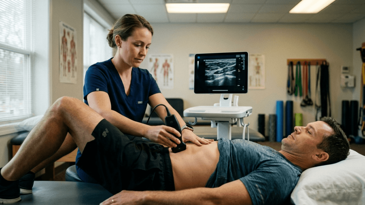 A female medical professional in a dark blue scrub top performs an abdominal ultrasound on a male patient lying on an examination table in a bright, clinical physical therapy office. The camera is positioned at a side angle, capturing the scene with natural, soft interior lighting. The female clinician, with her brown hair tied back and wearing minimal makeup, focuses on the ultrasound probe held against the male patient's stomach. The patient, a man with short brown hair, lies supine on a white pillow, wearing a grey athletic shirt and dark shorts. In the background, a digital ultrasound screen displays anatomical imagery, while medical posters of human anatomy and hanging exercise bands are visible on the clinical wall.
