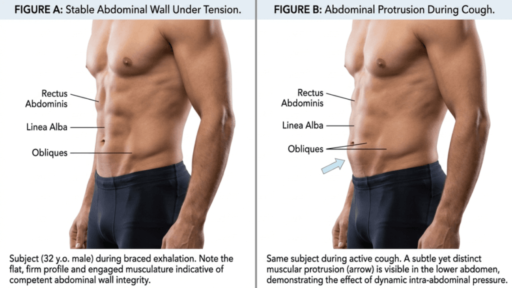 A split-screen medical diagram showing a muscular 32-year-old male from a side-profile view against a clean white background. In Figure A, the subject demonstrates a stable abdominal wall during braced exhalation, highlighting the rectus abdominis, linea alba, and obliques with a flat, firm profile. Figure B shows the same subject during an active cough, featuring a light blue arrow pointing to a subtle, distinct protrusion in the lower abdomen caused by intra-abdominal pressure. The lighting is bright and studio-quality, emphasizing the definition of the abdominal muscles, and the subject is wearing dark athletic shorts.