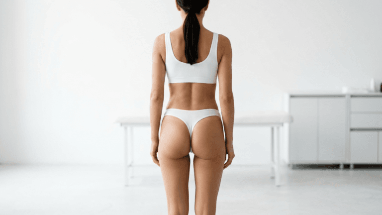 A rear-view, eye-level studio shot of a fit woman with a toned physique and tanned skin, wearing a white sports bra and white thong underwear. Her dark hair is pulled back in a neat ponytail. The lighting is soft, bright, and professional, characteristic of a clinical or medical spa environment. The background is a minimalist, out-of-focus white room containing a medical examination table and a white cabinet.