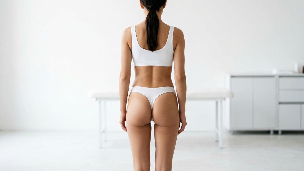 A rear-view, eye-level studio shot of a fit woman with a toned physique and tanned skin, wearing a white sports bra and white thong underwear. Her dark hair is pulled back in a neat ponytail. The lighting is soft, bright, and professional, characteristic of a clinical or medical spa environment. The background is a minimalist, out-of-focus white room containing a medical examination table and a white cabinet.