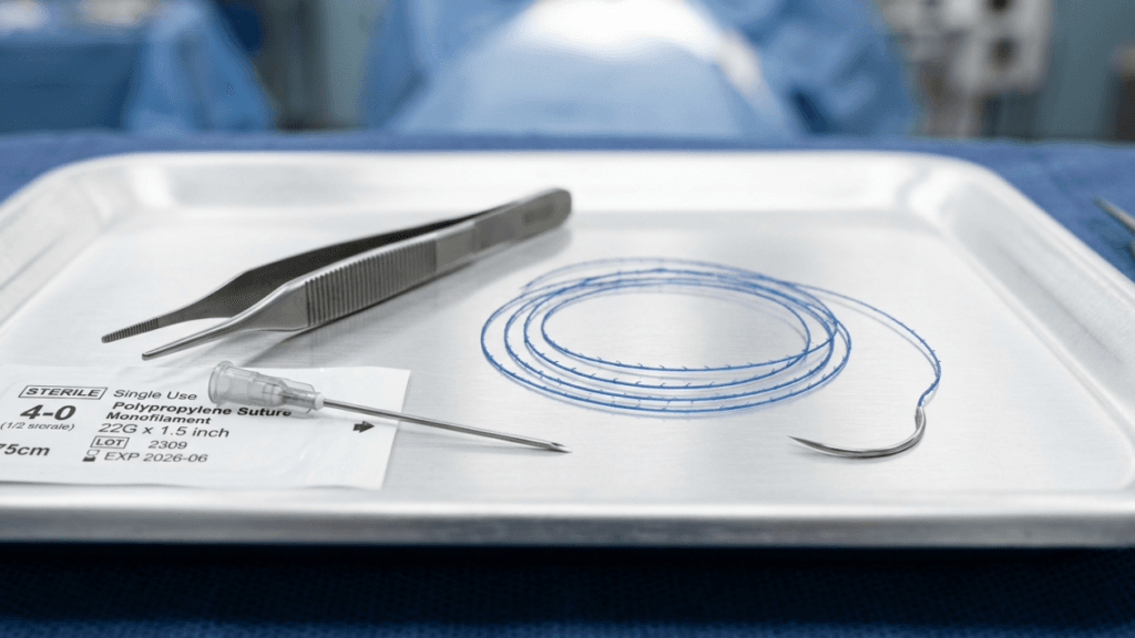 A close-up, high-angle medical photograph taken in an operating room setting. In the center, a stainless steel surgical tray holds a coiled blue polypropylene suture with a curved needle, a sterile packaging label reading '4-0 Polypropylene Suture', and a pair of surgical forceps. The lighting is bright, clinical, and uniform, typical of surgical environments, highlighting the metallic texture of the instruments. There is no person visible in the frame; the background is softly blurred, showing a blue surgical drape, emphasizing the focus on the sterile medical tools.