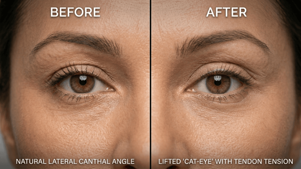 A comparative split-screen clinical photograph of a female patient's eye area. The left side is labeled 'BEFORE' showing a natural lateral canthal angle, and the right side is labeled 'AFTER' demonstrating a lifted 'cat-eye' effect achieved through tendon tension. The lighting is soft, even, and clinical, highlighting skin texture and anatomical details. The camera is positioned at eye level for a direct, symmetrical view. The patient has subtle, natural-looking makeup, including mascara. The background is neutral, dark, and blurred, keeping the focus entirely on the periorbital anatomy.