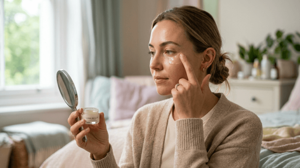 A woman with a natural appearance and minimal makeup is sitting in a cozy bedroom setting, looking into a small hand mirror. She is applying a small amount of Luna Beauté eye cream under her eye with her finger. She has blonde hair pulled back in a loose bun and is wearing a soft, beige knit cardigan. The room is brightly lit with natural soft light coming from a nearby window, creating a serene and gentle atmosphere. The background is slightly blurred, showing a neatly made bed and a bedside table with skincare products, emphasizing a focus on self-care and skincare routine.