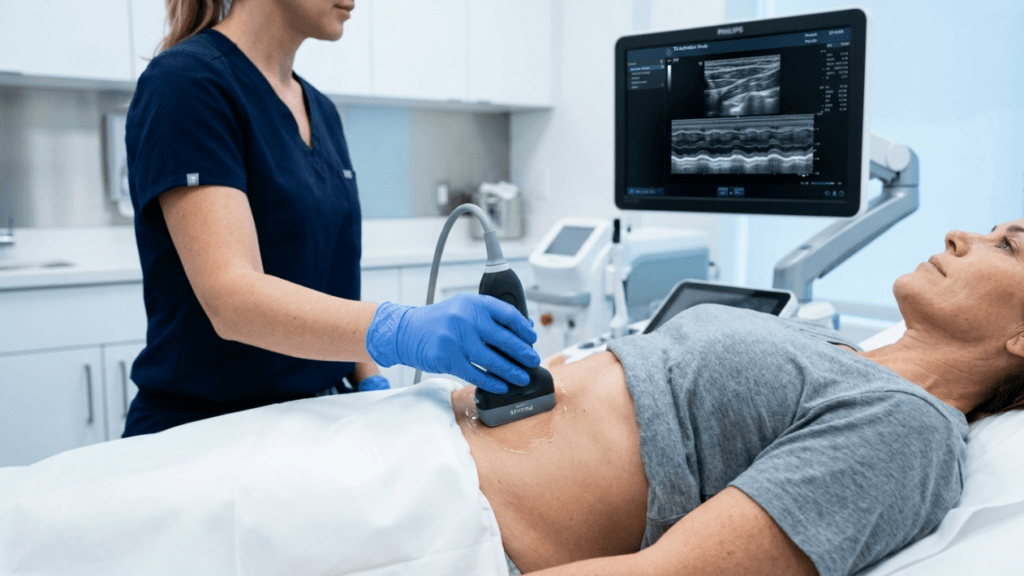 A medium shot, eye-level photograph in a bright, modern medical office. On the left, a female medical professional with her hair tied back, wearing dark blue scrubs and blue nitrile examination gloves, performs an abdominal ultrasound on a patient. She is holding a Philips ultrasound transducer probe against the patient's skin, which is covered with a layer of conductive gel. The patient, a woman lying supine on an examination table, is wearing a casual grey t-shirt and looks calmly towards a Philips medical monitor displaying real-time ultrasound imaging data. The background is a clean, sterile clinical environment featuring white cabinetry and other medical equipment, all bathed in soft, even, clinical lighting.