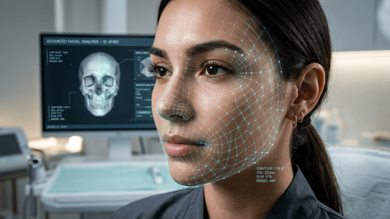 A close-up, high-angle shot of a young woman with a feminine appearance undergoing advanced facial analysis in a clinical setting. Her face features natural skin texture with subtle, clean-girl style makeup. A glowing digital neon-cyan wireframe mesh is projected over the right side of her face to measure contours. In the soft-focus background, a computer monitor displays a 3D skull model and analytical data metrics like 'CONTOUR' and 'VOL'. The lighting is bright, cool-toned, and professional, characteristic of a modern medical or aesthetic clinic environment, highlighting the detailed anatomical mapping of her facial features.
