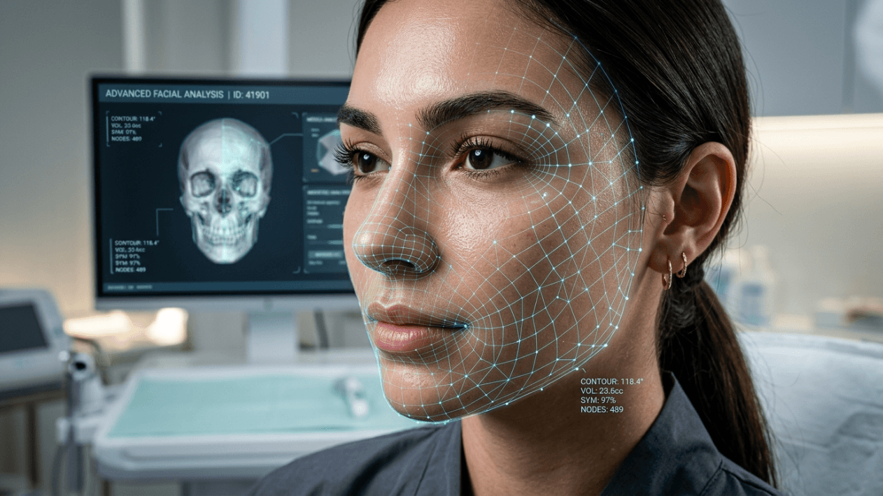 A close-up, high-angle shot of a young woman with a feminine appearance undergoing advanced facial analysis in a clinical setting. Her face features natural skin texture with subtle, clean-girl style makeup. A glowing digital neon-cyan wireframe mesh is projected over the right side of her face to measure contours. In the soft-focus background, a computer monitor displays a 3D skull model and analytical data metrics like 'CONTOUR' and 'VOL'. The lighting is bright, cool-toned, and professional, characteristic of a modern medical or aesthetic clinic environment, highlighting the detailed anatomical mapping of her facial features.