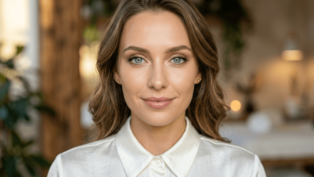 A head-and-shoulders portrait of a young adult woman with long, wavy brown hair, facing the camera directly. She has striking blue-green eyes, a gentle smile, and soft, natural-toned makeup. Her skin is clear and smooth, and she has delicate, symmetrical facial features. She is wearing a crisp, white silk-like button-down shirt. The lighting is soft, warm, and even, highlighting her face. The camera angle is straight-on at eye level. The background is a softly blurred, warm interior setting, likely a professional clinic or spa, with hints of greenery and muted light, creating a clean and welcoming atmosphere.