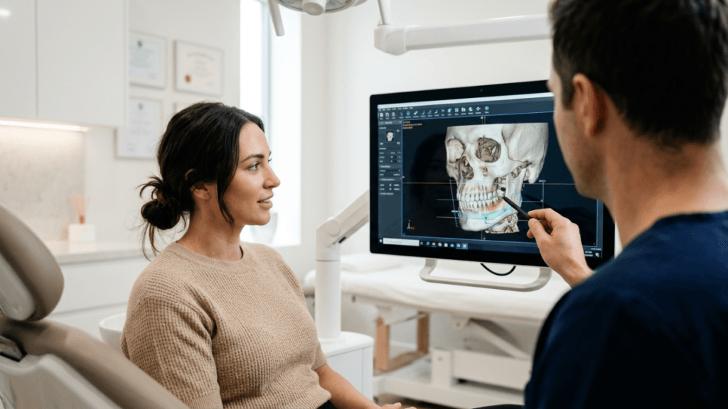A profile view of a consultation in a modern dental clinic. A female patient with dark hair in a messy bun, wearing a beige knit sweater and minimal makeup, sits in a dental chair looking at a screen. A male dentist, wearing dark blue scrubs, is seen from the back and side, using a stylus to point at a 3D CT scan of a human skull displayed on a monitor. The lighting is bright and professional, typical of a medical office, with soft, even illumination. The background features a clean, white, minimalist office interior with framed medical certifications on the wall and dental equipment.