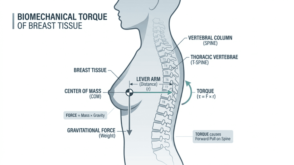 A medical illustration showing a lateral view of a female torso and the biomechanical concept of breast tissue torque. The image features a minimalist, flat-design silhouette of a woman against a clean white background, viewed directly from the side. There is no makeup, clothing, or specific lighting/camera angles as it is a 2D anatomical diagram. The graphic clearly labels the vertebral column, specifically the thoracic spine (T-spine), and illustrates the physics principles including the center of mass (COM) of the breast tissue, the lever arm distance, the gravitational force (weight), and the resulting torque, which is labeled as causing a forward pull on the spine. The color palette consists of neutral grays and professional medical blues.