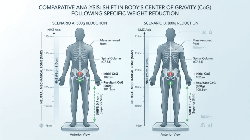 A medical infographic titled 'Comparative Analysis: Shift in Body’s Center of Gravity (CoG) Following Specific Weight Reduction', featuring two identical, schematic, gender-neutral gray human figures in an anterior view, presented against a soft, clean, light blue clinical background with bright, even studio-style lighting. The figures show a translucent ribcage and spinal column (C7-S1) in white, standing on a platform, with annotated scales and markers in red and green illustrating the 'Initial CoG' and 'Resultant CoG' displacement. The infographic uses professional, minimalist digital medical illustration styles to communicate scientific data on biomechanical shifts.