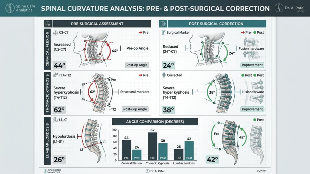 A medical infographic titled 'Spinal Curvature Analysis: Pre- & Post-Surgical Correction' by Dr. A. Patel, featuring anatomical diagrams of the human spine. The left side shows pre-surgical conditions: cervical flexion (44°), thoracic hyperkyphosis (62°), and lumbar hypolordosis (26°). The right side shows post-surgical improvements with spinal fusion hardware, reducing angles to 24° for cervical, 38° for thoracic, and correcting lumbar to 42°. An 'Angle Comparison' bar chart summarizes these changes. The illustration is a clean, professional medical diagram with a light grey grid background, showing side-profile anatomical silhouettes in flat vector style without lighting, makeup, or clothing details.