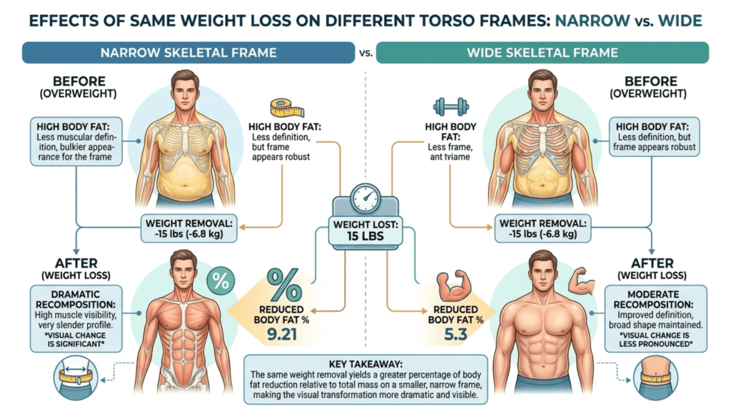 An educational infographic titled 'Effects of Same Weight Loss on Different Torso Frames' comparing a narrow skeletal frame versus a wide skeletal frame. The chart uses flat, 2D vector-style illustrations of the same male character in different stages of body fat composition and weight loss. The lighting is uniform, bright, and clinical. The camera angle is a straight-on, eye-level view. Each figure is shirtless, showcasing human anatomy, muscle definition, and skeletal structures in the 'before' states. No makeup is present. The background is a clean, off-white, professional layout with connecting lines and text boxes explaining how a 15 lbs weight loss results in a more dramatic visual transformation for the narrow frame compared to the wide frame.