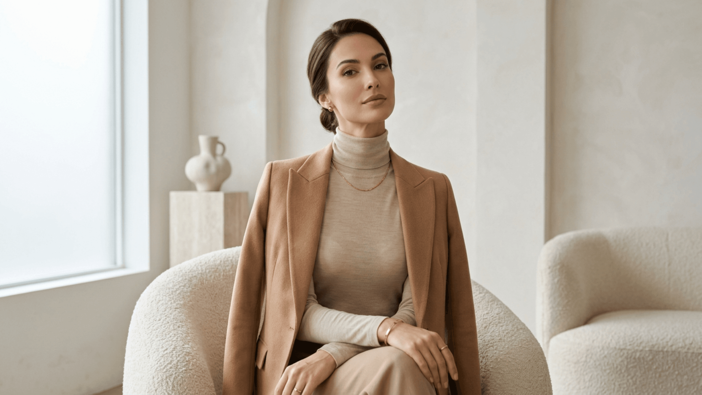 A sophisticated portrait of a professional woman with a feminine appearance, captured from a straight-on eye-level angle. She has a refined, natural makeup look and her dark hair is styled in a polished, low bun. She is wearing a beige turtleneck top under a tailored tan camel blazer, complemented by minimalist gold jewelry including a necklace, bracelet, and rings. Her anatomy is composed, sitting gracefully in a textured, cream-colored armchair. The setting is a minimalist, well-lit studio space with soft, natural lighting, a neutral-toned background, and a subtle decorative ceramic vase on a pedestal to the side, creating a calm and professional atmosphere.