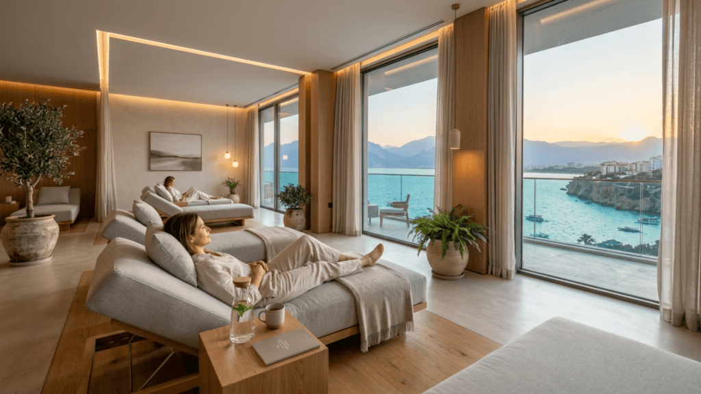 A serene, wide-angle interior shot of a luxurious relaxation room with floor-to-ceiling windows overlooking a turquoise sea and coastal mountains at sunset. A woman with natural features and minimal makeup is relaxing on a beige lounge chair, dressed in comfortable, light-colored casual clothing. She is positioned in a side profile, resting comfortably with her feet bare. The room is bathed in warm, soft, natural golden hour lighting complemented by elegant recessed ceiling lights. The minimalist, modern decor features light oak wood accents, potted plants, and simple neutral-toned furniture, creating a calm, spa-like atmosphere. Another person is visible in the background on a similar lounge chair.