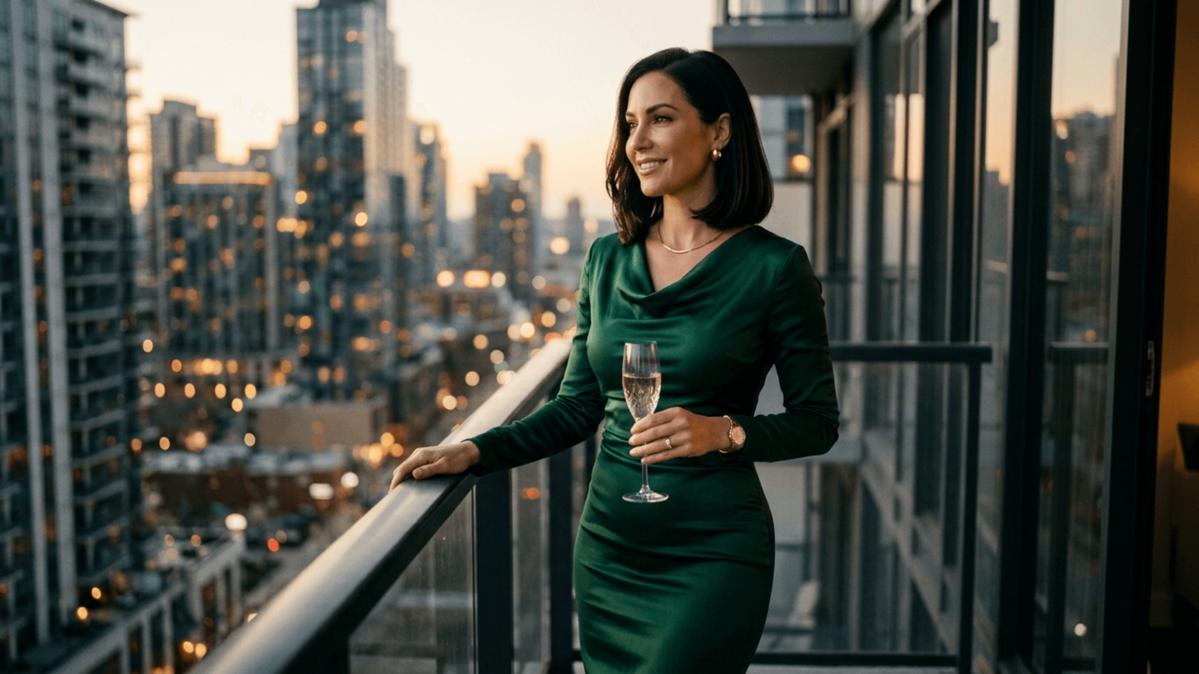 A sophisticated woman with a bob haircut, wearing a long-sleeved emerald green cowl-neck dress, standing on a high-rise balcony at twilight. She is holding a champagne flute, smiling gracefully as she looks out over a blurred city skyline. The lighting is soft and warm, capturing the golden hour glow. Her makeup is elegant and subtle, complementing her polished appearance. She wears gold jewelry, including a necklace, earrings, and a watch. The perspective is a medium shot from a slightly elevated side angle, highlighting both the subject and the urban cityscape background.