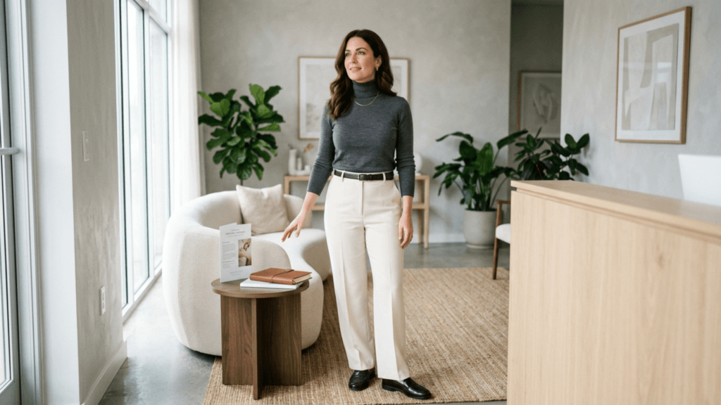 A professional, medium-shot portrait of a smiling woman with wavy brunette hair, wearing a gray turtleneck sweater and cream-colored trousers, standing in a bright, modern medical or office waiting area with neutral tones. She is captured from eye level in soft, natural light, with a gentle expression, subtle natural makeup, and elegant anatomy. Beside her is a wooden side table with a booklet and a notebook, set against a background featuring a curved white sofa, potted plants, and minimalist wall art, all contributing to a calm, welcoming, and sophisticated professional atmosphere.