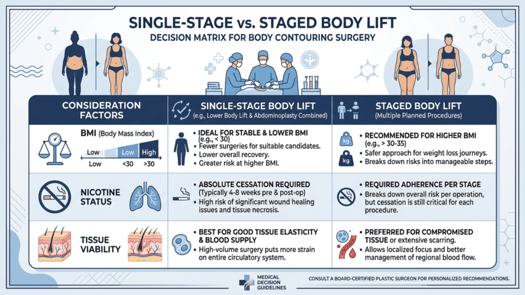A medical infographic titled 'Single-Stage vs. Staged Body Lift' featuring a decision matrix for body contouring surgery. The chart uses flat, professional vector illustrations, including silhouettes of both male and female figures representing different body types and BMI categories. It depicts a surgical team in scrubs performing a procedure, and clinical icons representing BMI scales, nicotine cessation, and skin tissue health. The color palette consists of calming blue and white tones with clear, structured typography. The graphic compares the benefits, risks, and patient considerations for single-stage versus staged surgical approaches, emphasizing safety and medical guidelines.